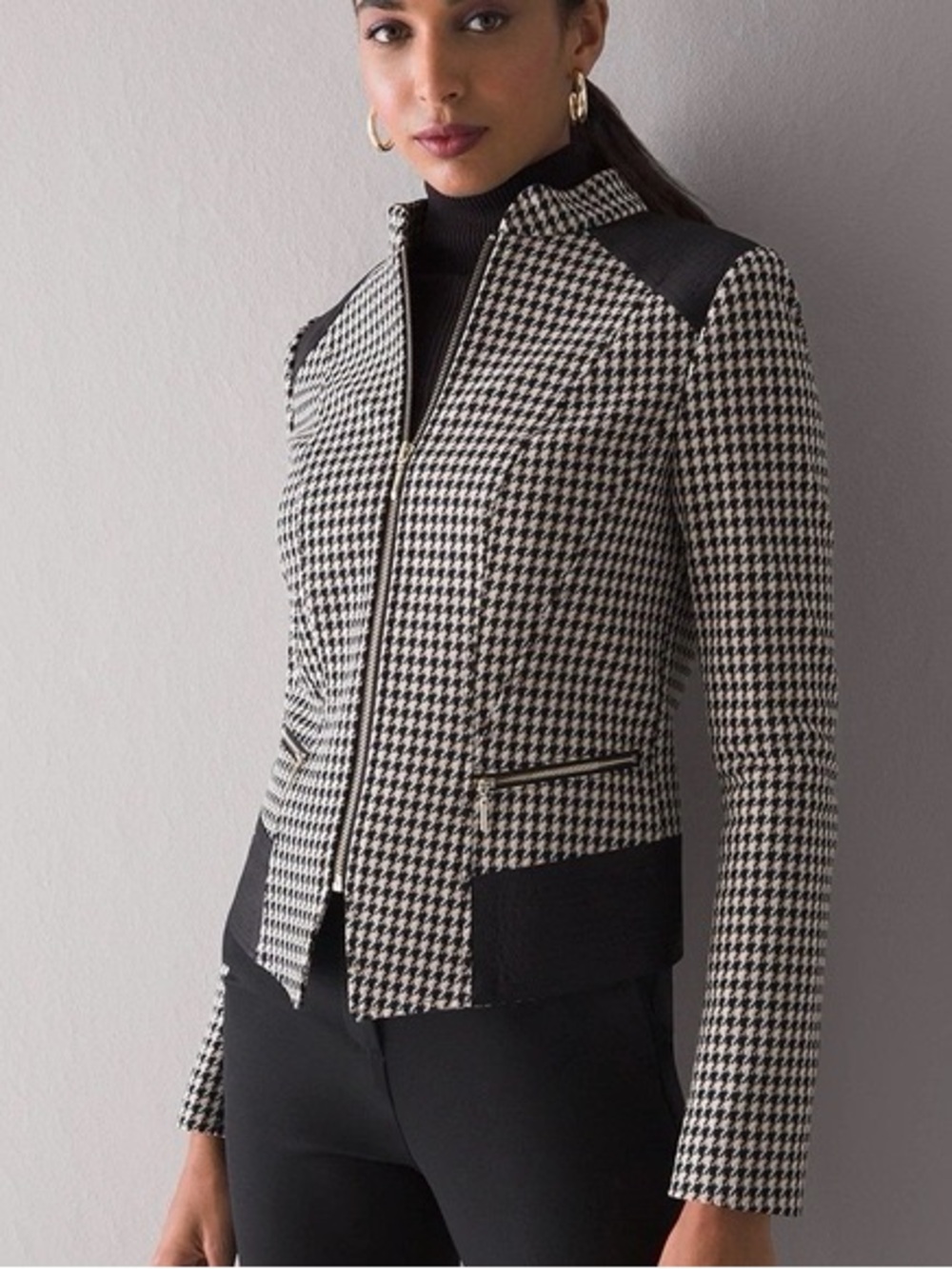 WHBM Houndstooth Zip Front Jacket Black Brown Size 8
